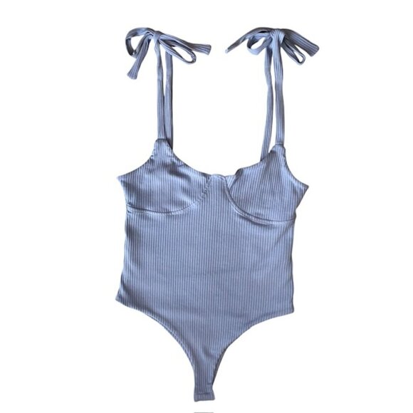 FOREVER 21 Blue Ribbed Bodysuit with Tie-Shoulder Straps - Size Large - Picture 1 of 5
